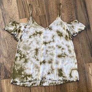 American Eagle Green Tie Dye Cold Shoulder Top